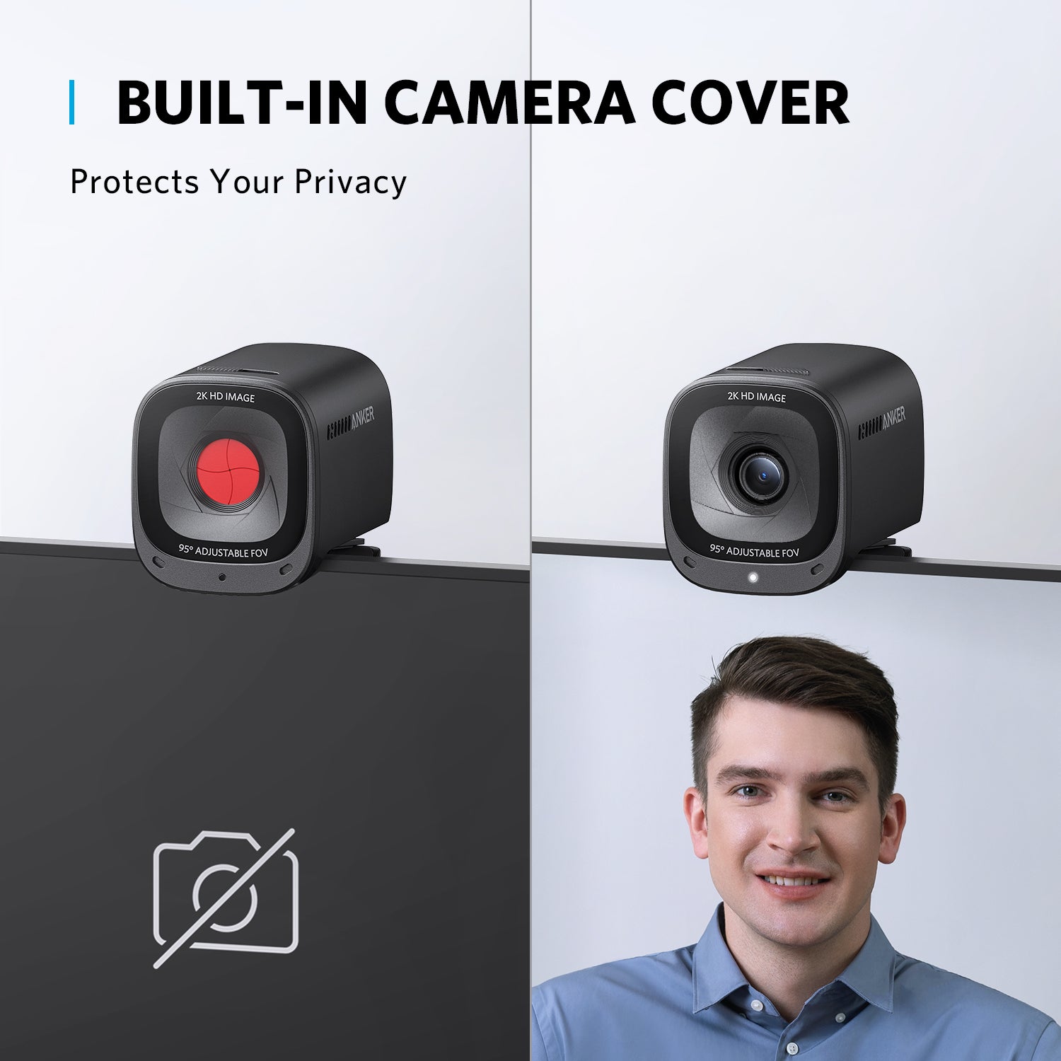 A close-up view of the AnkerWork C200 webcam, highlighting its lens and the integrated mount, ready to clip onto a monitor.